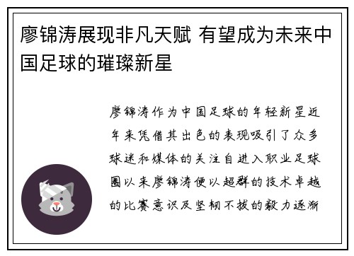 廖锦涛展现非凡天赋 有望成为未来中国足球的璀璨新星
